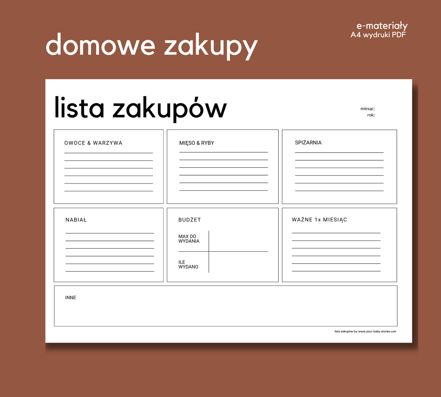 Lista zakupów do domu PDF (A4) – Planer zakupów i budżetu | Lista zakupów do druku
