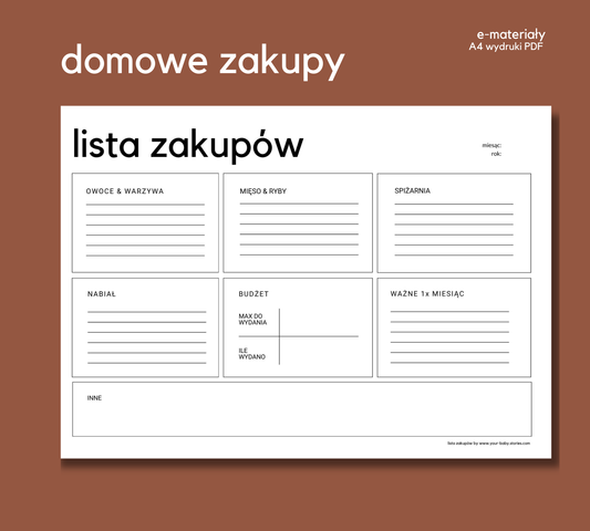 Lista zakupów do domu PDF (A4) – Planer zakupów i budżetu | Lista zakupów do druku