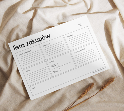 Lista zakupów do domu PDF (A4) – Planer zakupów i budżetu | Lista zakupów do druku